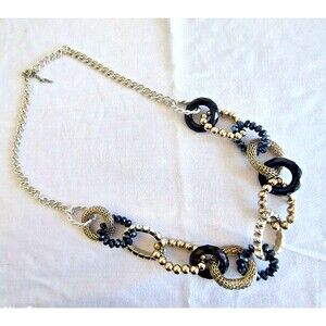Black Silver Tone Chunky Mesh Rhinestones Interlocking Rings Statement Necklace